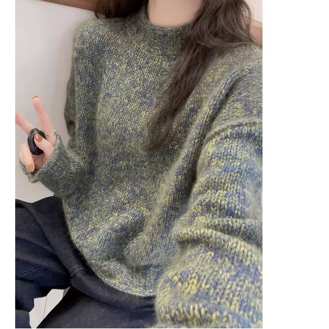 洋气毛衣套头女宽松百搭圆领慵懒风花纱针织衫外套气质上衣