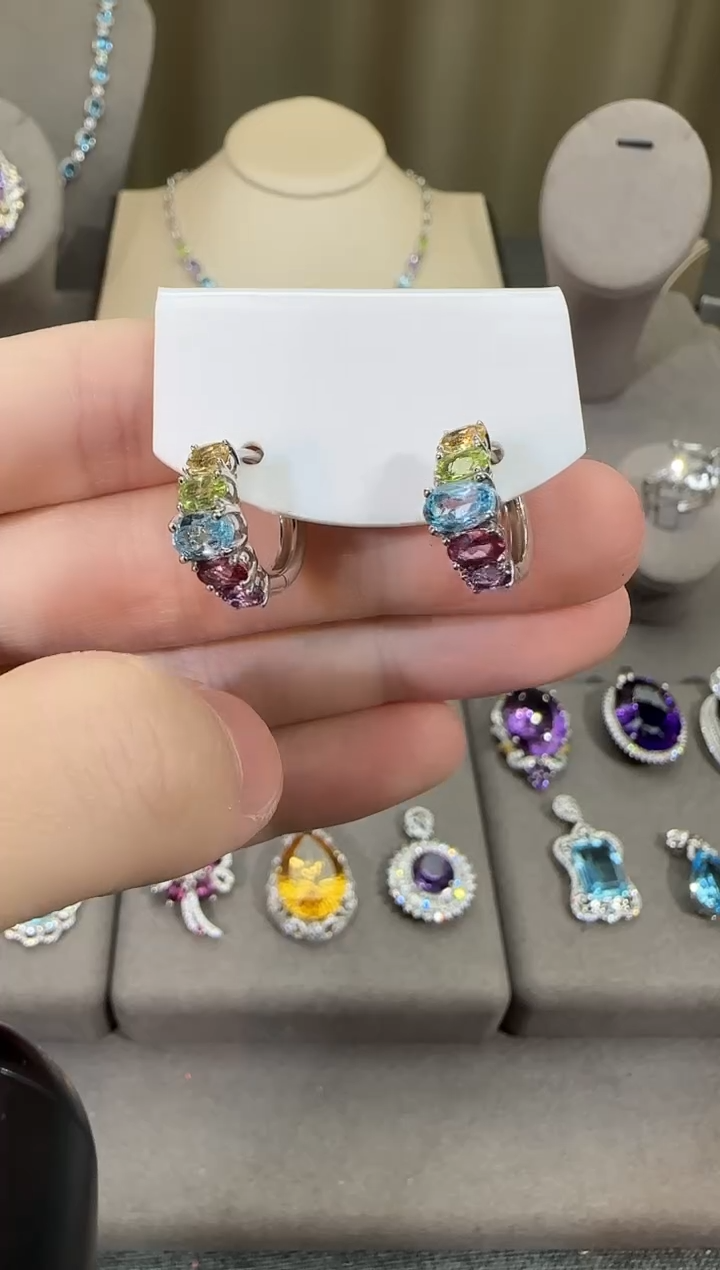 银S925镶嵌耳饰水晶6mm多彩宝耳扣