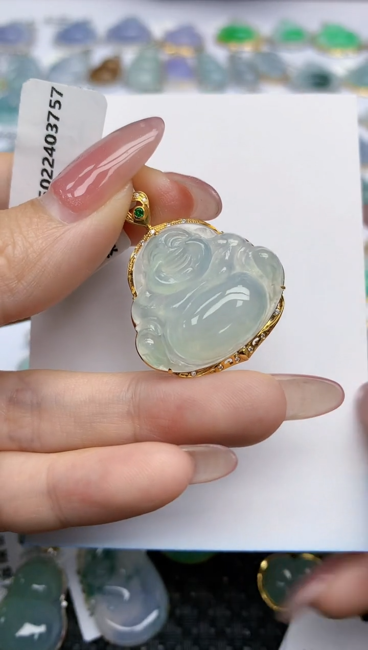 【闪购商品】翡翠挂件18K金镶嵌天然翡翠A货