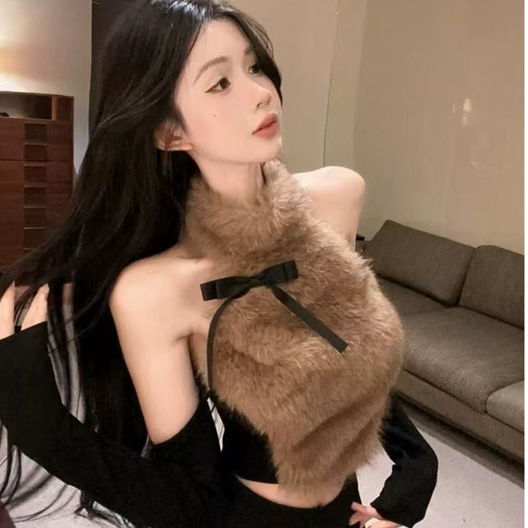  【枚】美式辣妹纯欲短款上衣女设计感绑带性感露背挂脖吊带背心