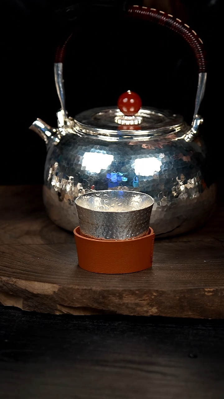 【闪购商品】手工锤纹银提梁壶+配2个大杯