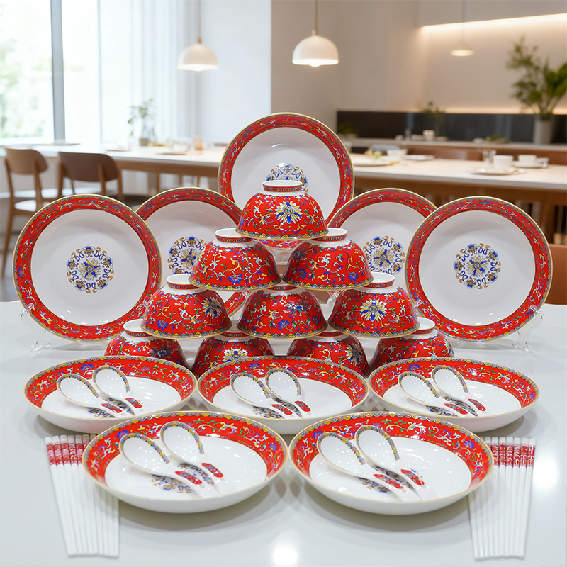 【百善瓷业】宫廷珐琅彩40头升级大套组 （珊瑚红）