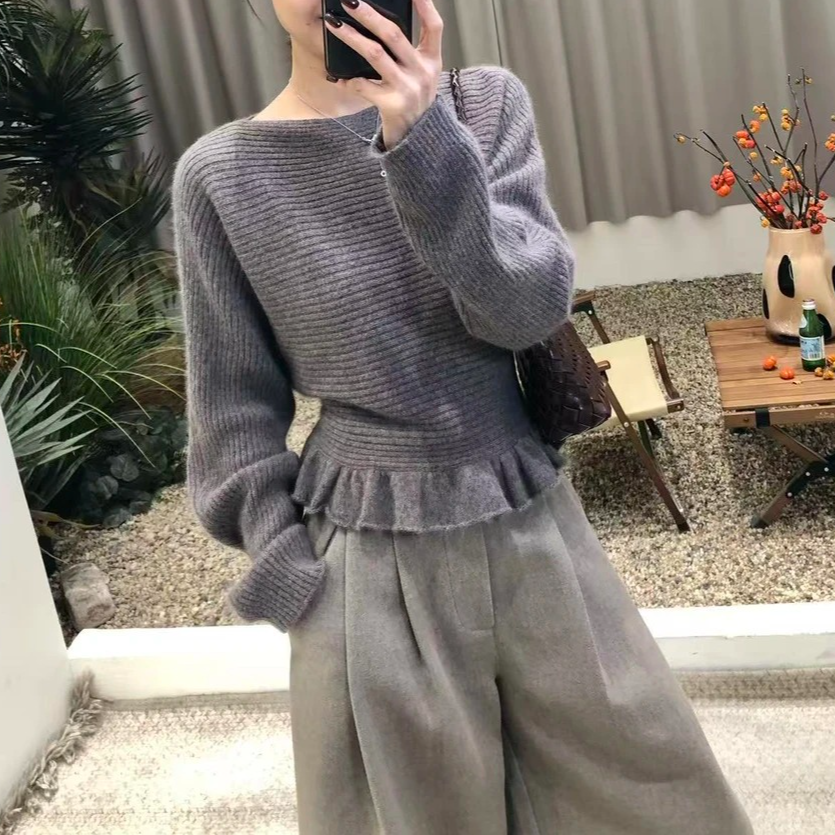 【慵懒俏皮】复古气质时尚荷叶摆显瘦2026针织收腰长袖毛衣I9-13