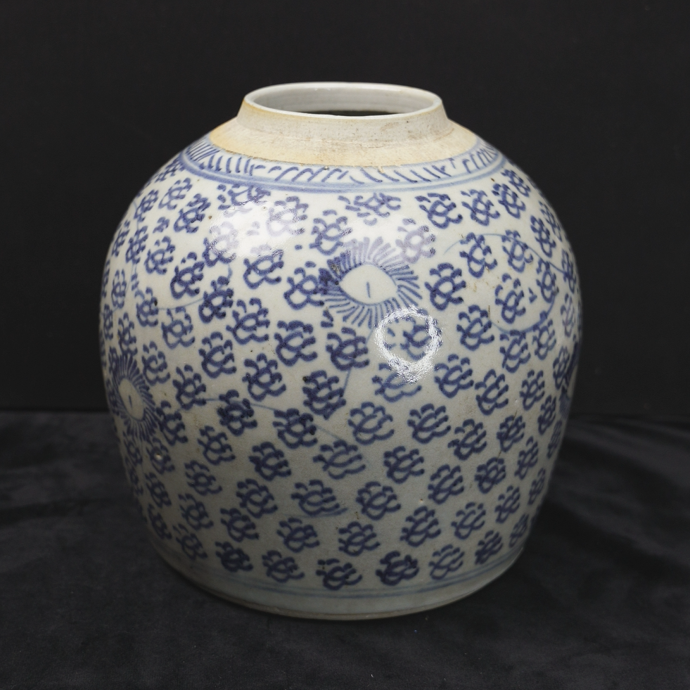 乙1631 清中期青花锦地花卉凤眼罐 全品 古瓷器收藏