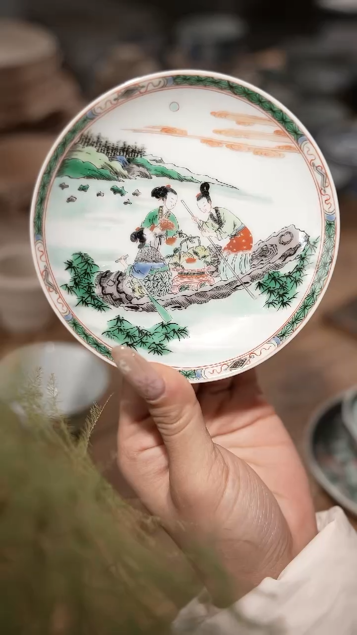 摆件陶景德镇陶瓷摆件麻姑献寿图壶承