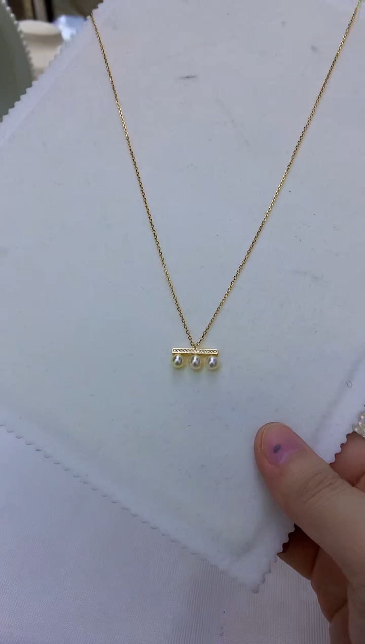 银S925镶嵌饰品海水珍珠羽皇金三珠平衡木套链