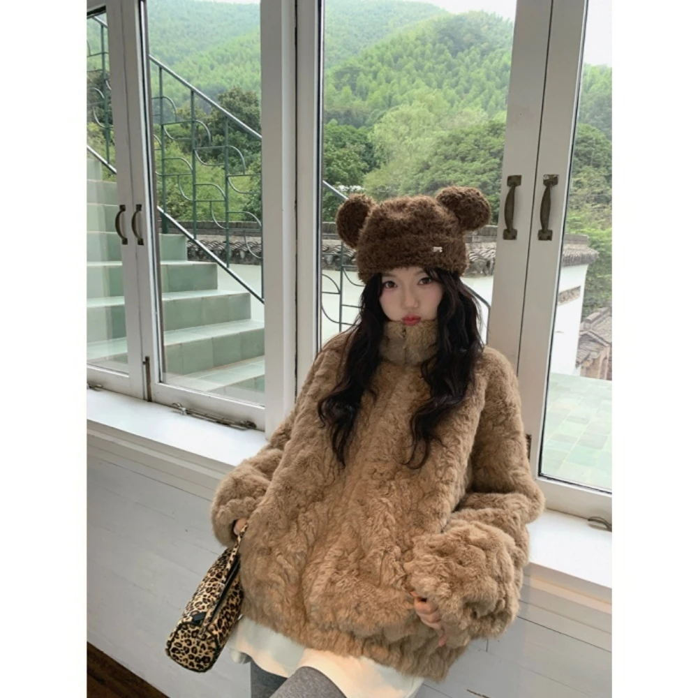 外套女2025冬季新款宽松保暖拉链立领毛毛外套