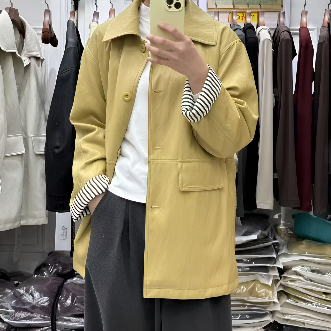 韩系拼接条纹黑色中长款皮衣外套女春季2025新款复古廓形风衣夹克