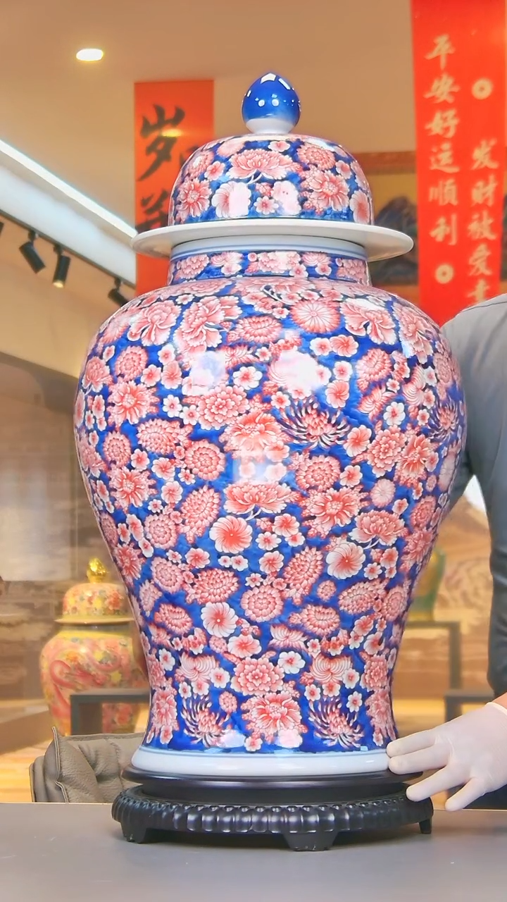【闪购商品】摆件青花万花将军罐/景德镇陶瓷摆件