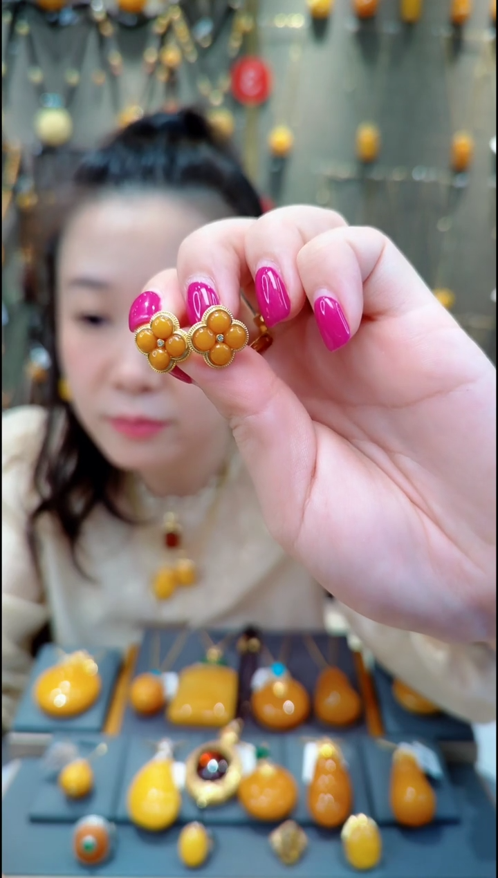 银S925镀金镶嵌蜜蜡耳饰﹣C073蜜蜡耳坠