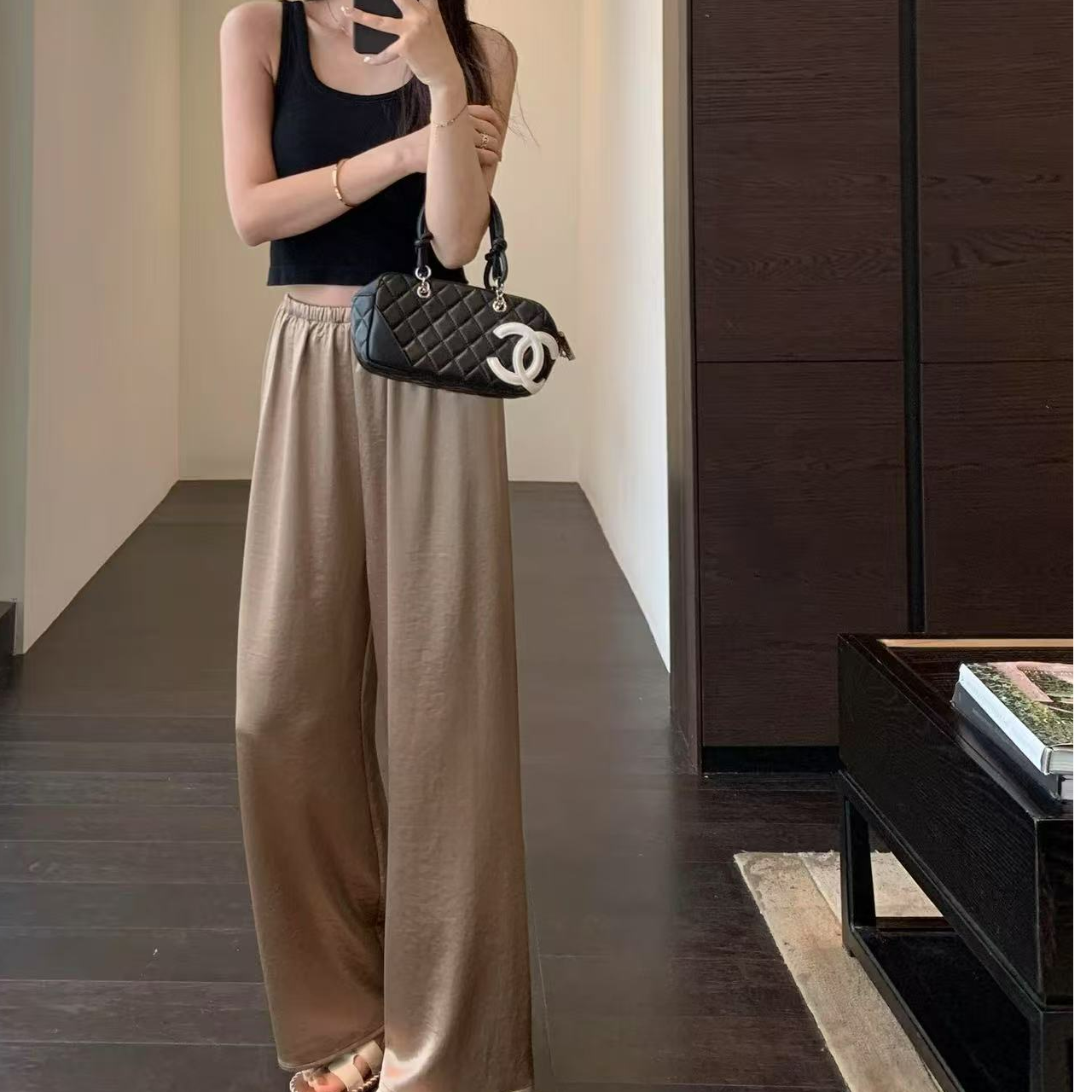 法式复古老钱风简约时尚通勤百搭松紧腰休闲阔腿裤H6911