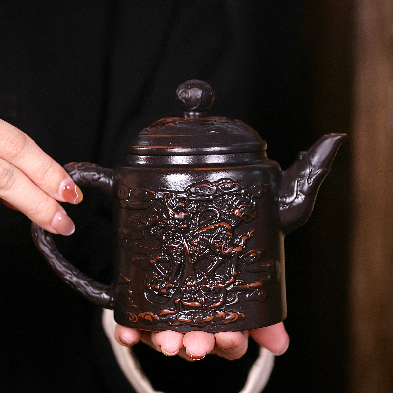 紫陶浮雕麒麟凤鸣壶大容量家用中式泡茶壶复古大号紫砂壶