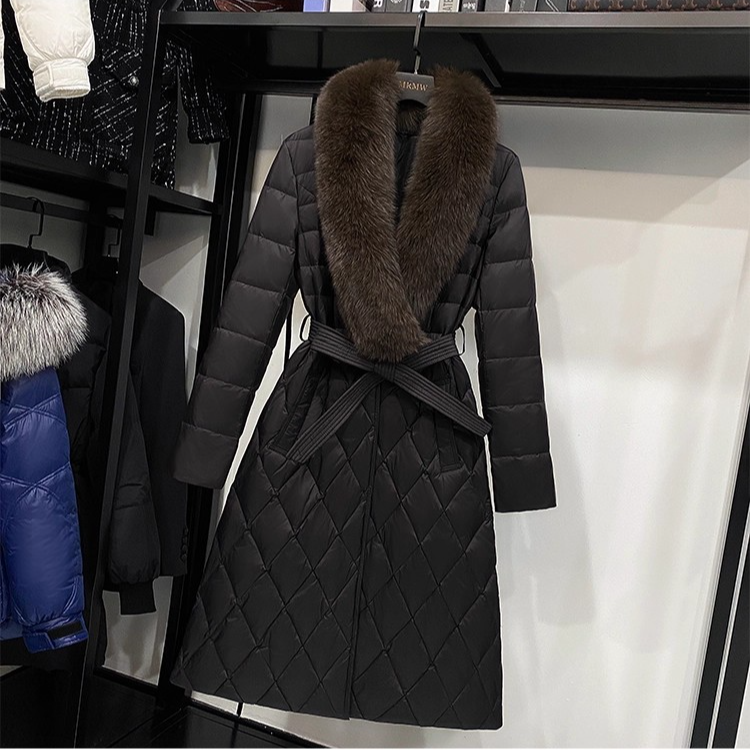 发货不带毛领    90白鸭绒羽绒服女冬系带中长款面包服过膝外套  