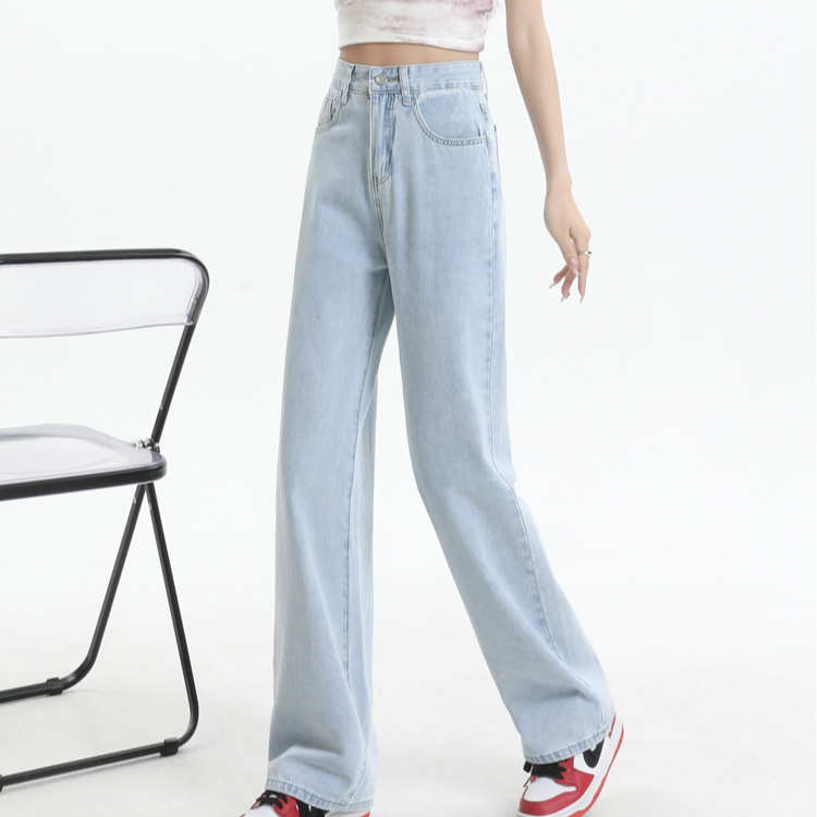 浅蓝色阔腿牛仔裤女2025夏季新款设计感高腰宽松显瘦百搭直筒长裤