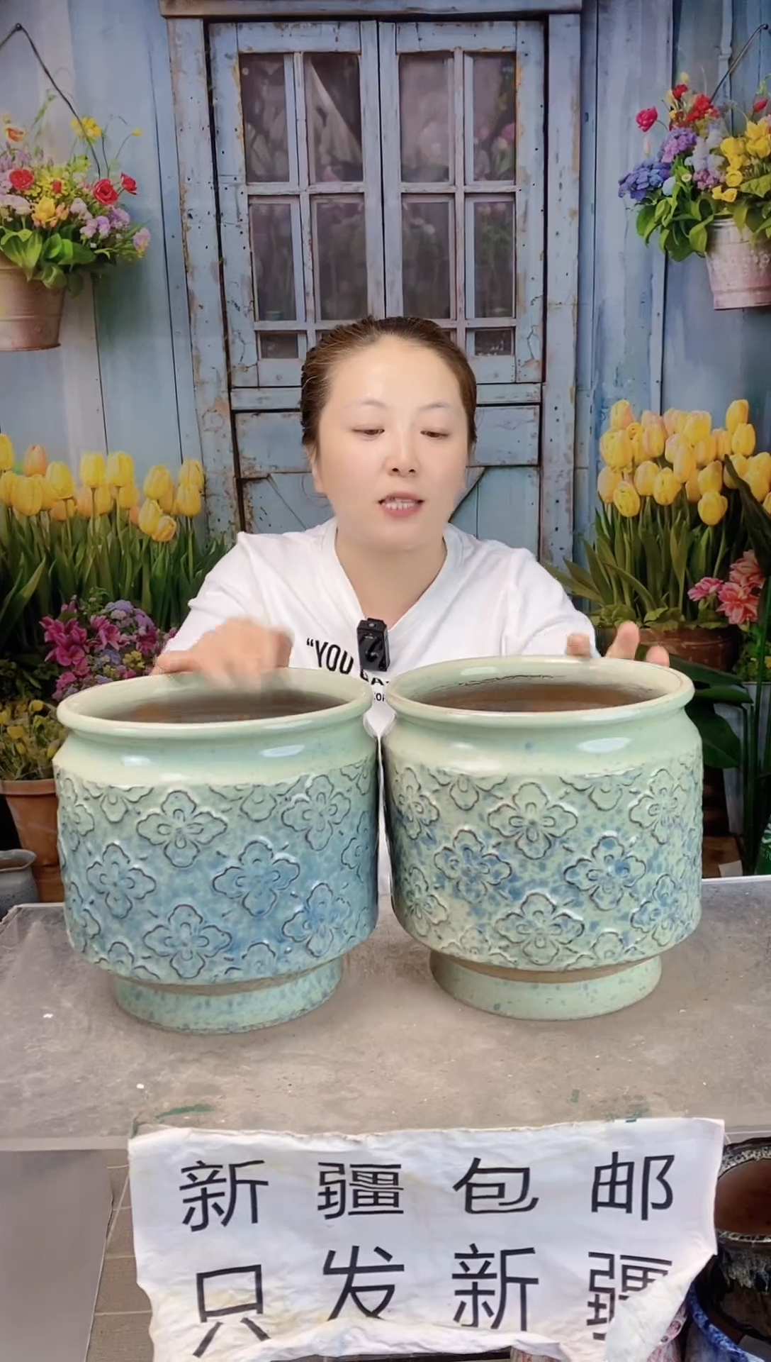 003直口黄绿小花陶盆两个装   口18高19
