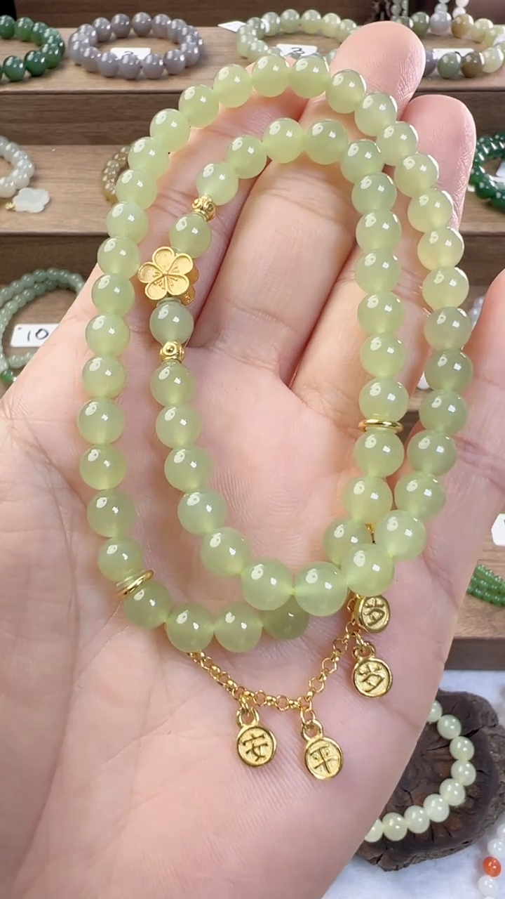 【闪购商品】和田玉手串银S925镀金镶嵌6m青黄口双圈手串