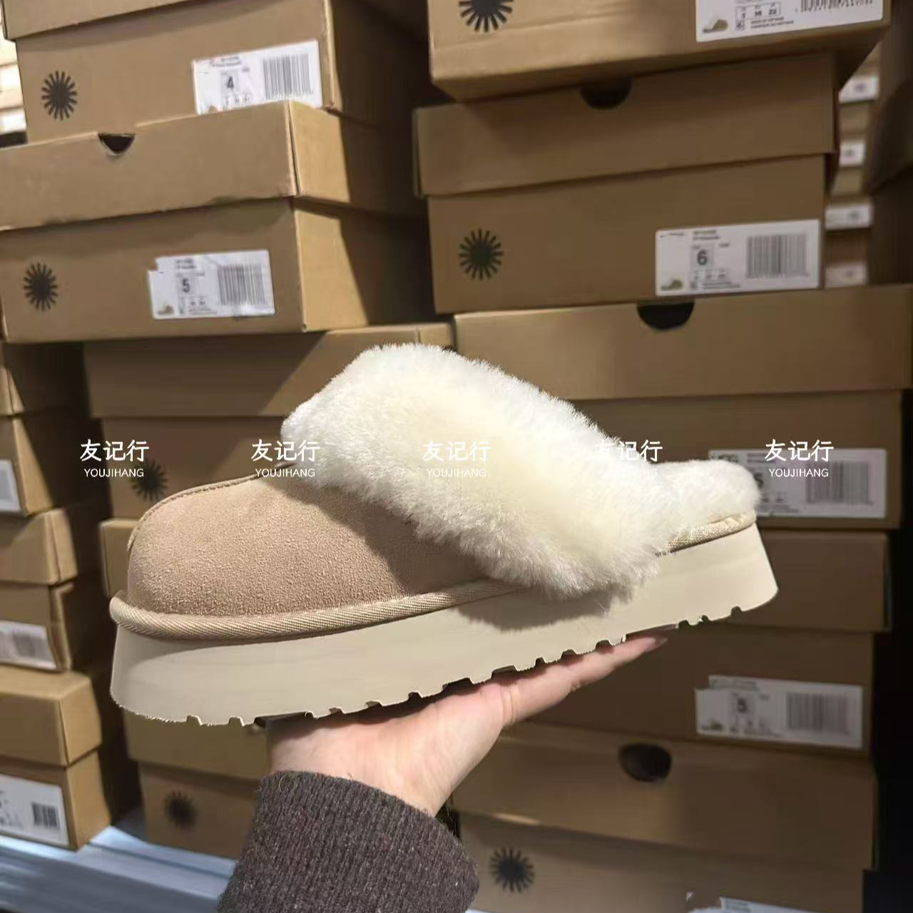 「友记」三公分羊皮毛一体包头星拖/舒适日常休闲轻弹