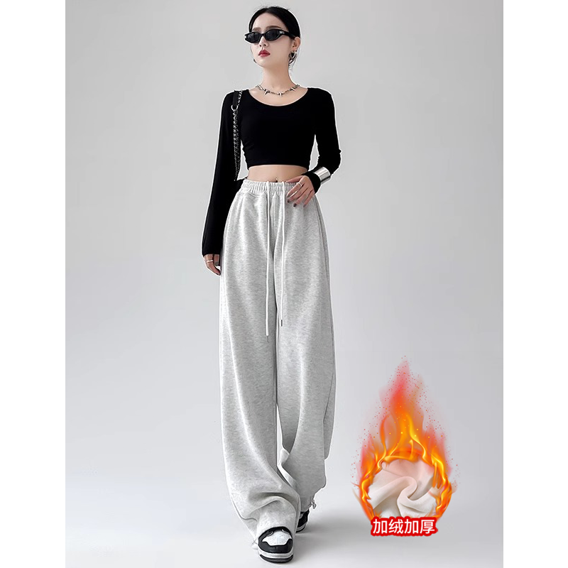 美式运动裤女秋冬新款高腰宽松显瘦直筒阔腿裤加绒加厚休闲卫裤