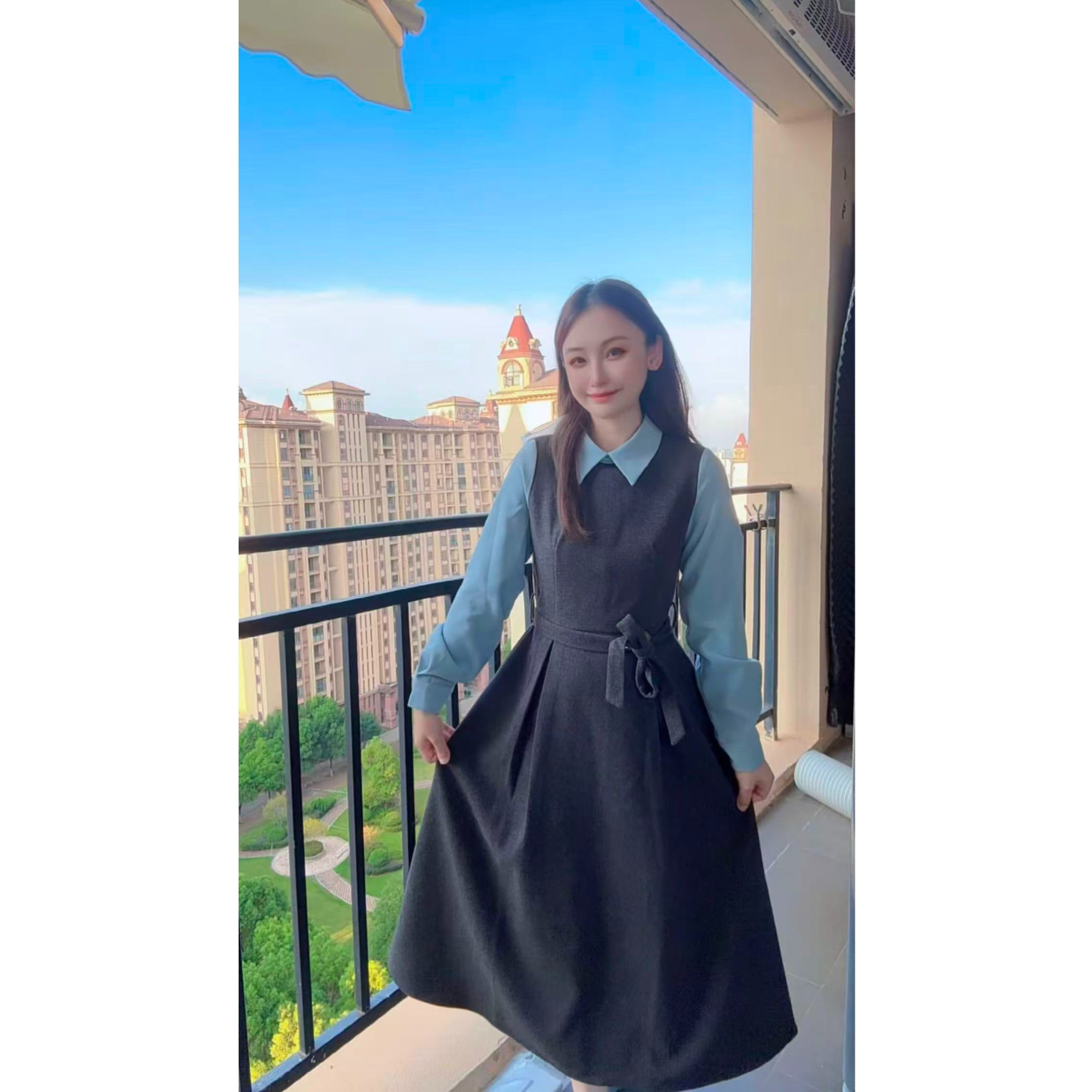 学院风长袖假两件连衣裙女2025秋冬新款收腰显瘦气质裙子Q659161