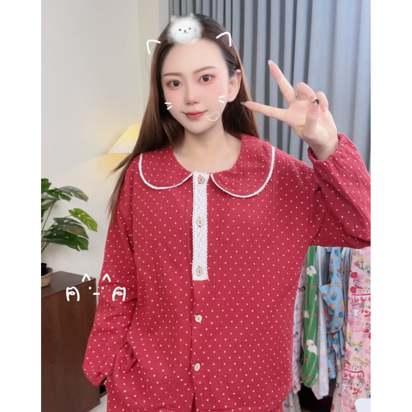 胸垫款~女士全棉双层纱布棉碎花圆领暖气房小清新家居服睡衣套装