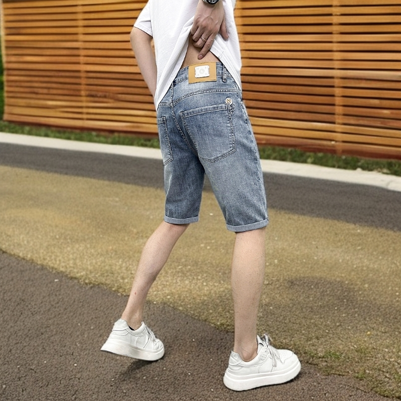 蓝色五分裤显瘦时尚高腰夏季短裤休闲弹力百搭薄款修身牛仔裤男款