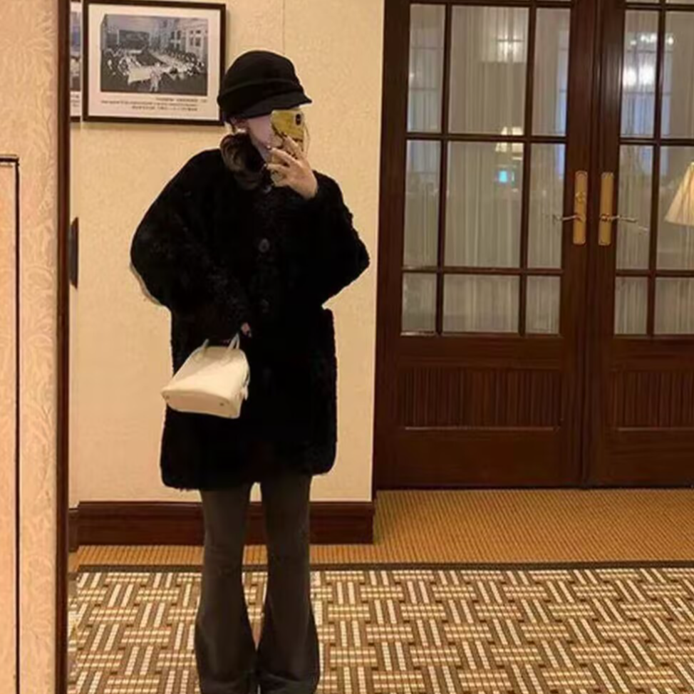 慵懒雪松廓形环保仿羊羔毛皮毛一体女秋冬加厚中长款毛毛外套女
