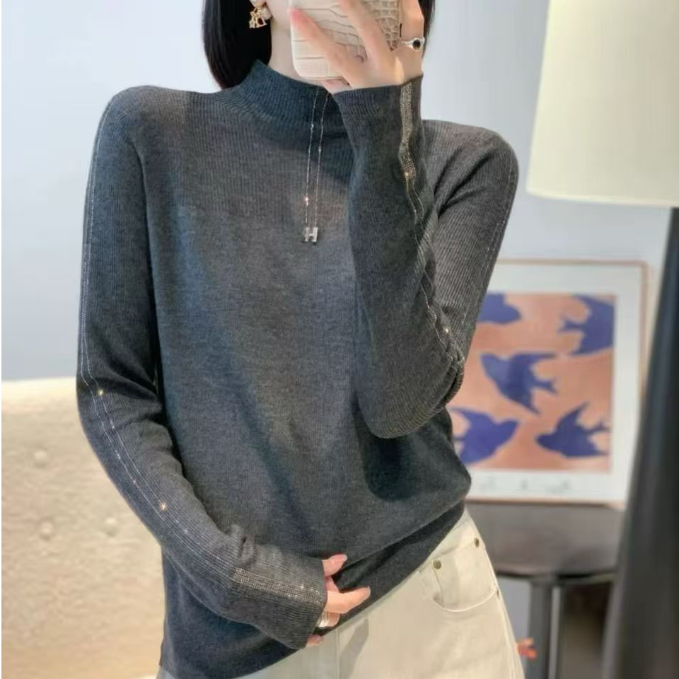 半高领烫钻打底针织衫2025秋冬时尚百搭修身长袖洋气打底毛衣上衣