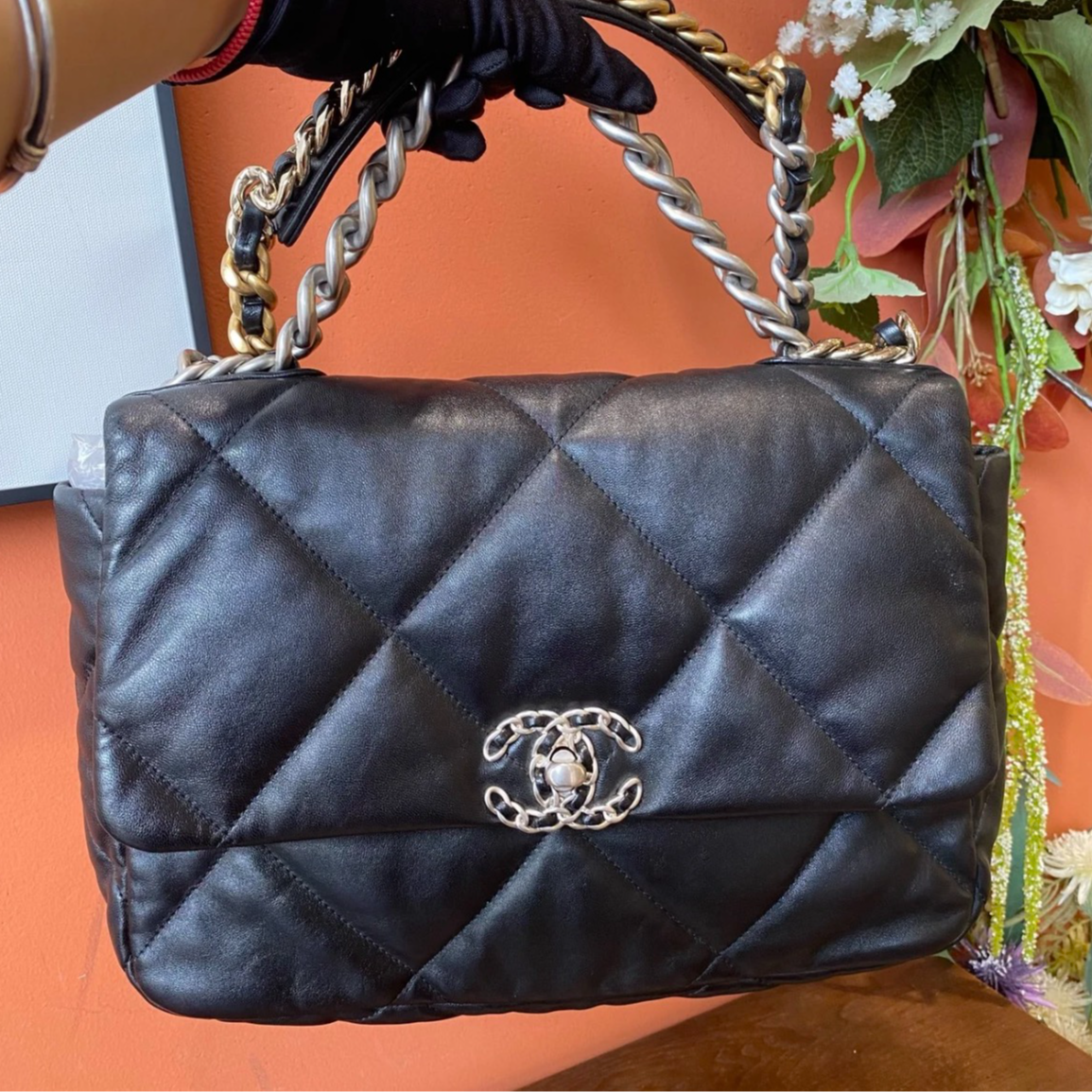 99新 Chanel/香奈儿 19bag黑银色中号斜跨包芯片款