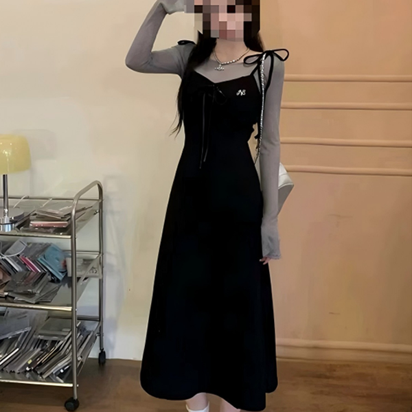 【长】甜辣风绑带刺绣吊带连衣裙套装女夏季薄款防晒收腰打底衫8221