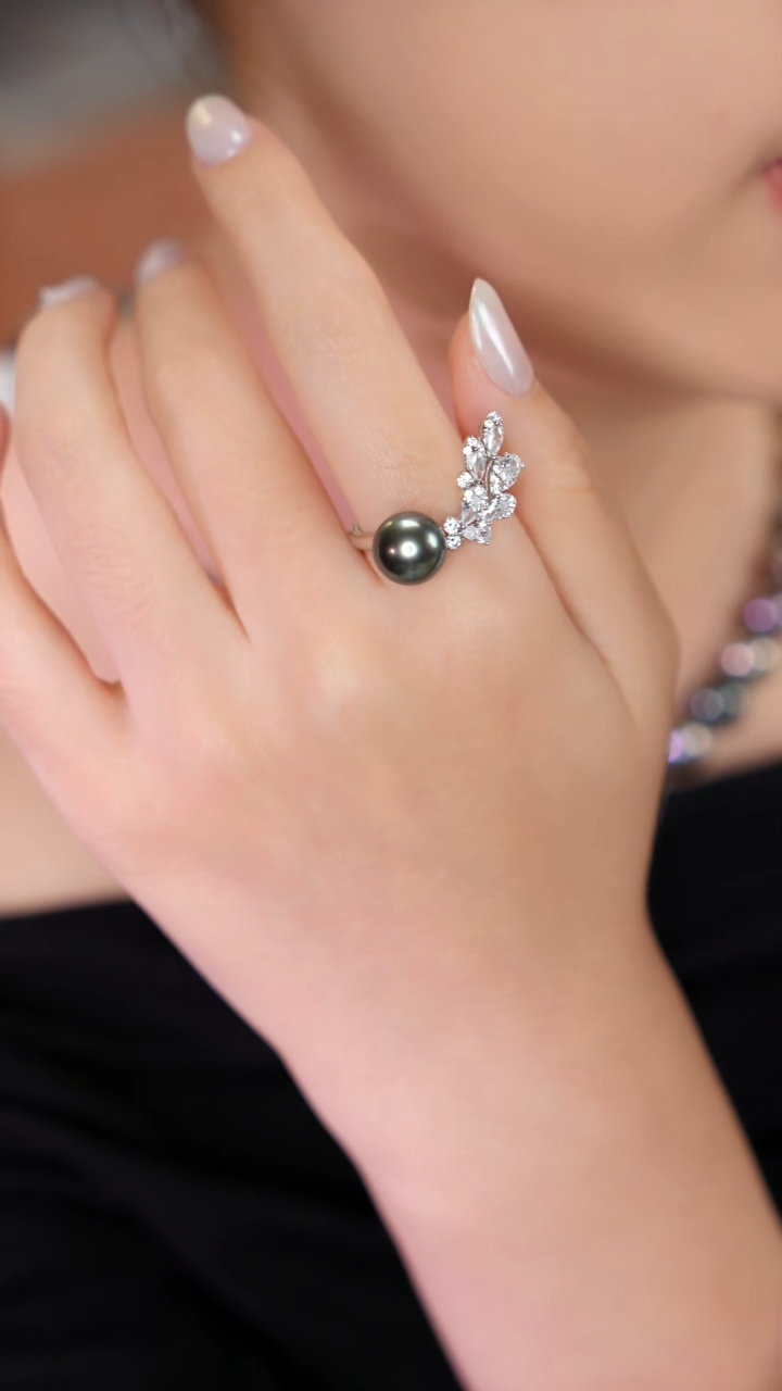 银S925镶嵌戒指海水珍珠黑珠花瓣开口戒指9-10m