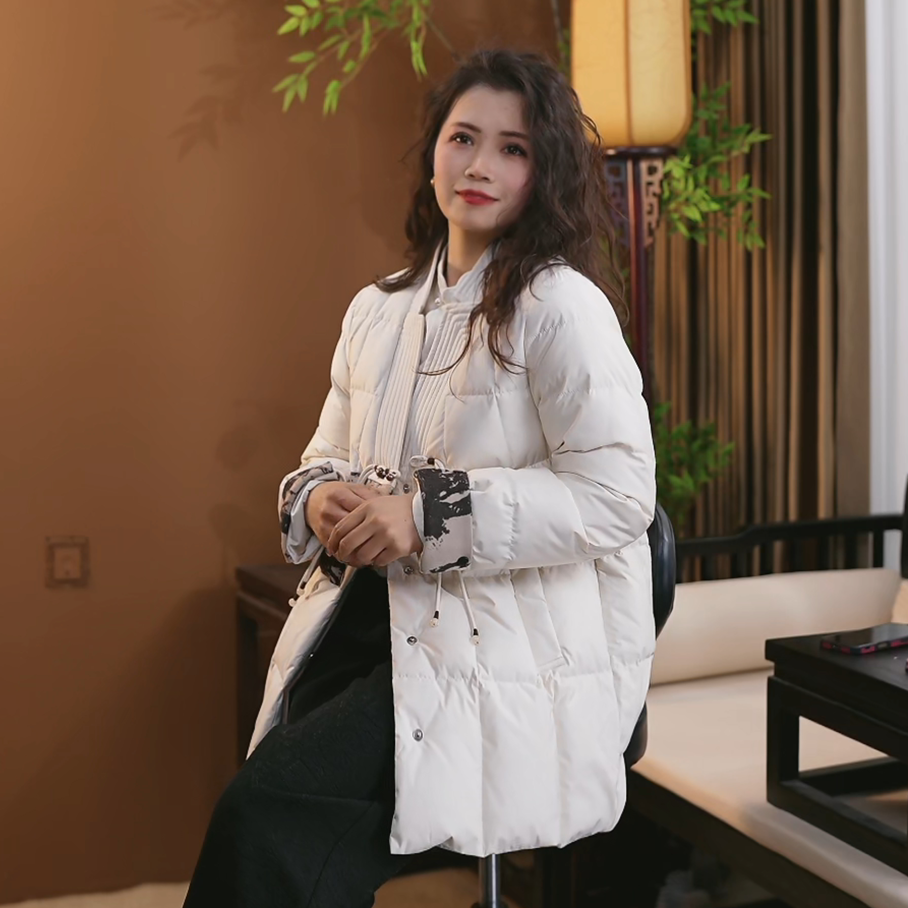 新中式冬季保暖毛羽绒服立领上衣新中式唐装提花外套Y011