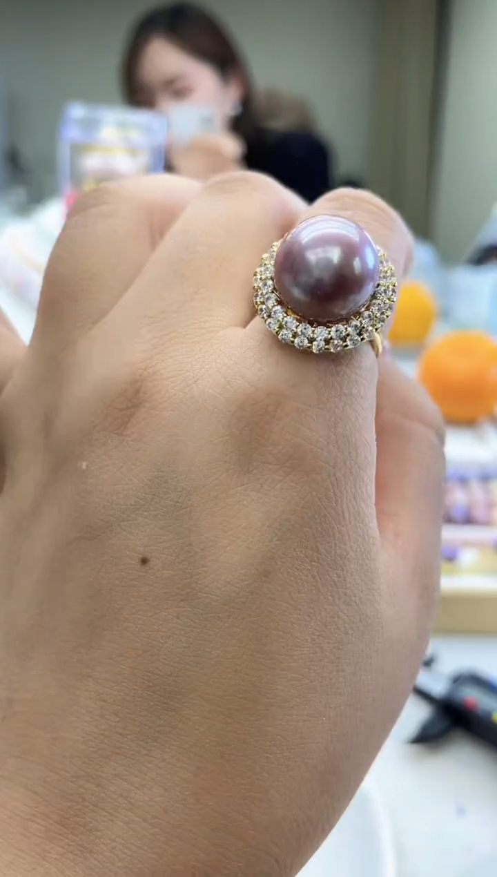 未镶嵌戒指淡水珍珠14mm紫珠太阳花戒指(多样性发一）