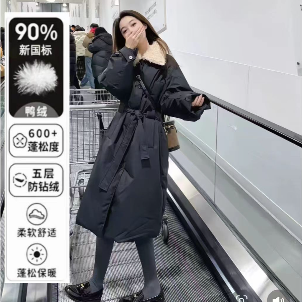 羽绒服长款落肩袖女单排扣加厚保暖外套韩版收腰时尚冬季羽绒大衣