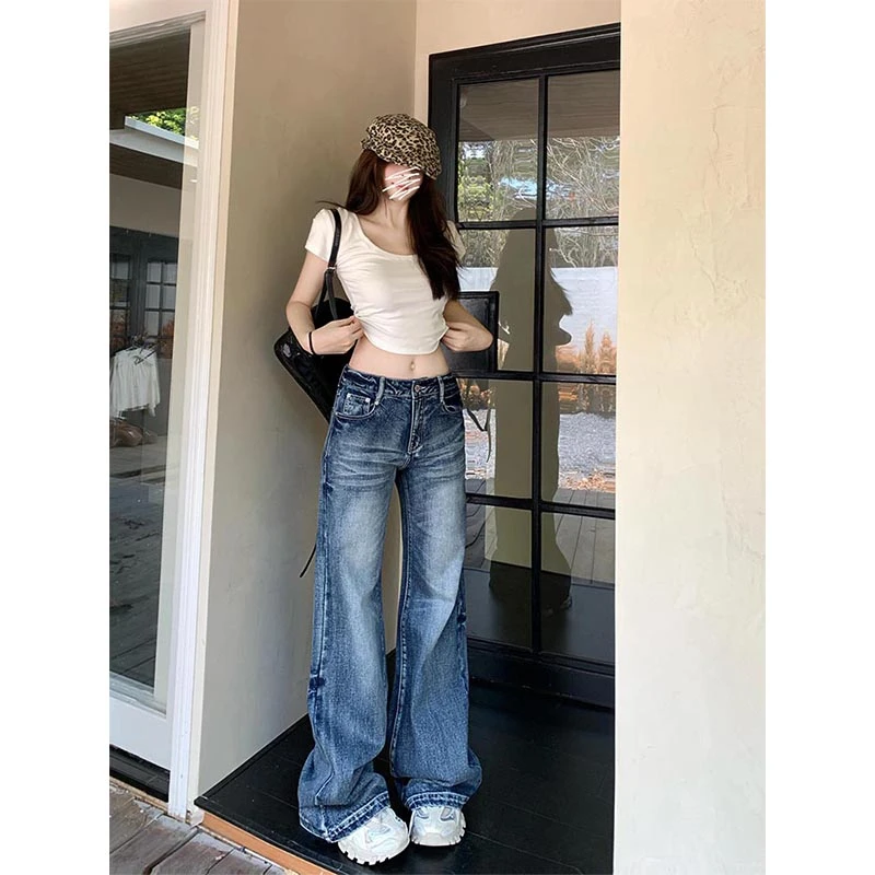 美式复古水洗直筒牛仔裤女2025冬季新款高腰垂感显瘦阔腿拖地长裤