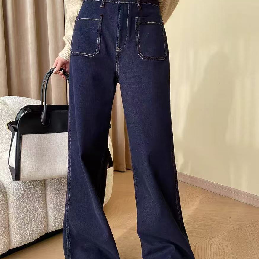 复古深蓝植直筒牛仔女前后方兜C083