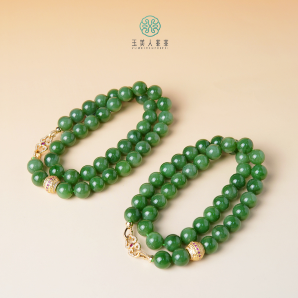 菲菲珠宝好+S925和田碧玉圆珠约12mm项链/多样性发一