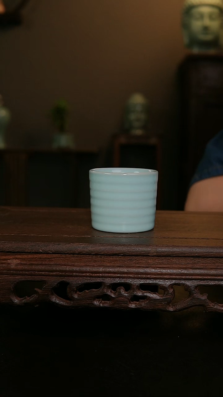 摆件天青手工直口炫纹杯  印章