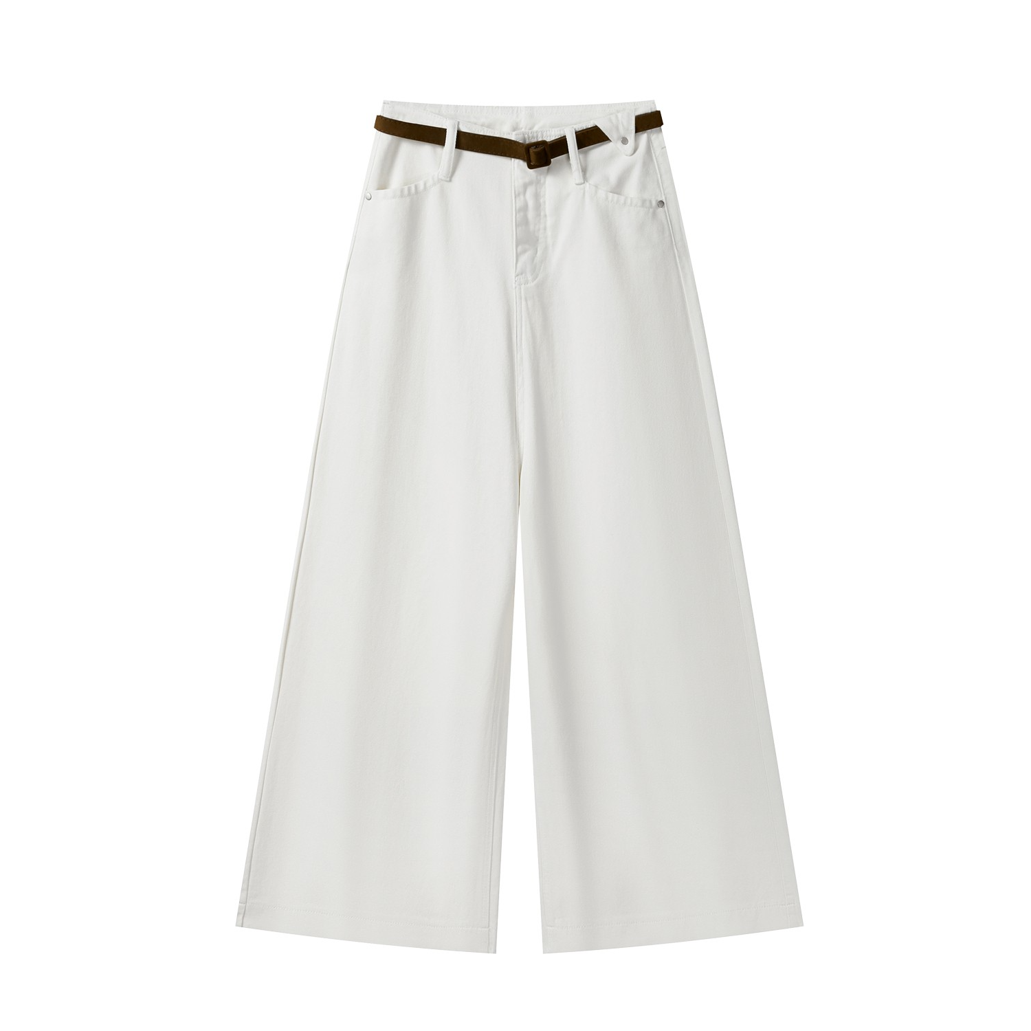 羊城故事-白色垂感阔腿牛仔裤女配腰带宽松高腰直筒裤子5511