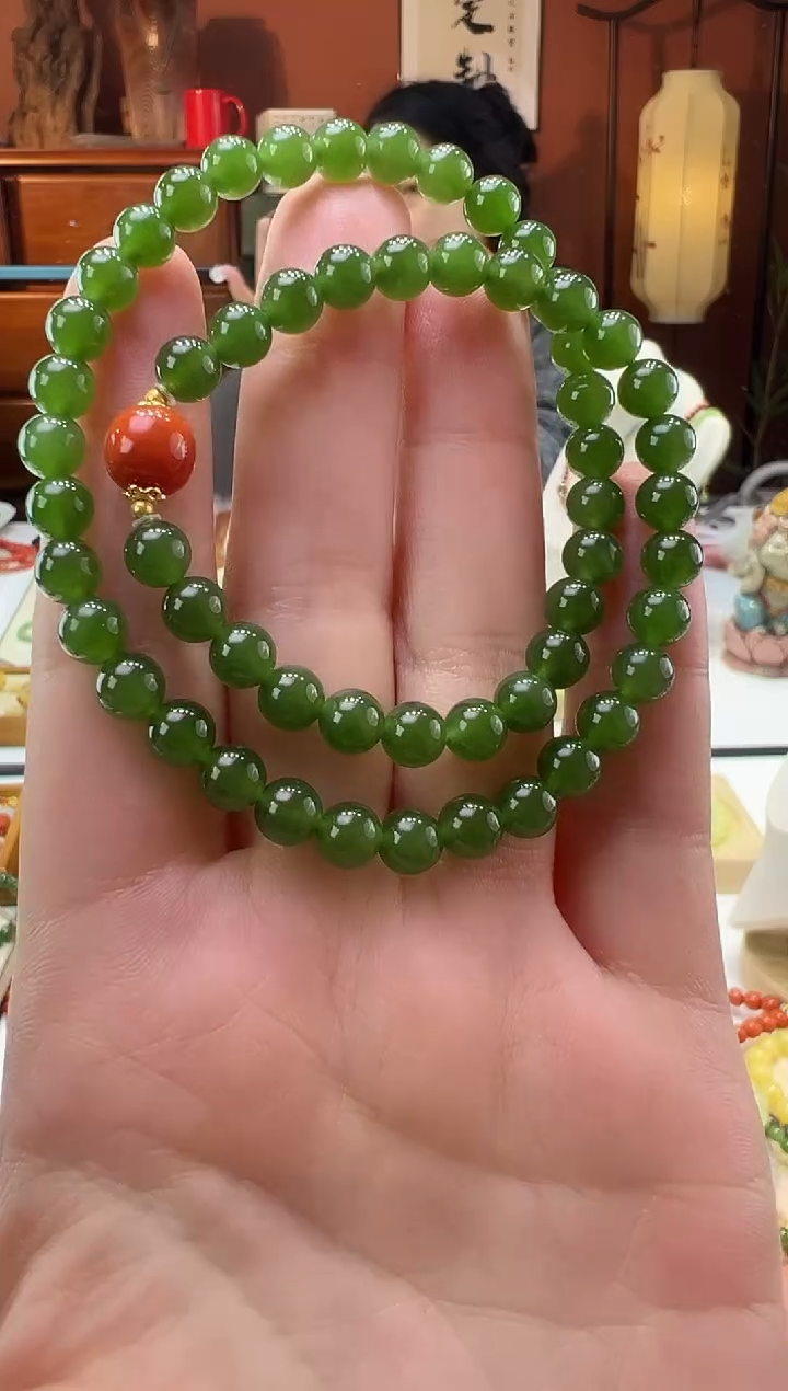 【闪购商品】和田玉（碧玉）手串18K金镶嵌碧玉6mm双圈