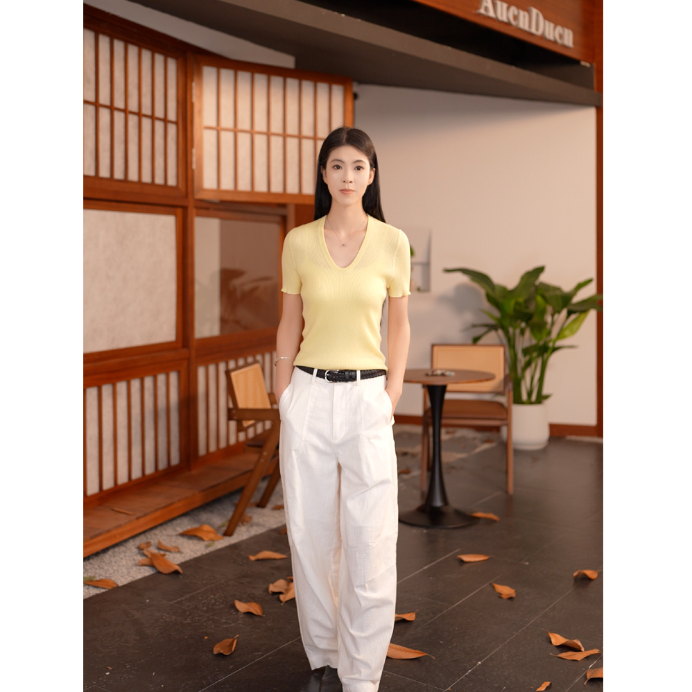 高端超细扬子纱U领羊毛衫女短袖2025夏新款百搭OL修身针织T恤衫