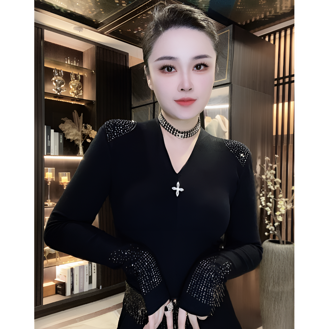 烫钻V领百搭打底时尚性感显瘦修身气质设计感打底衫