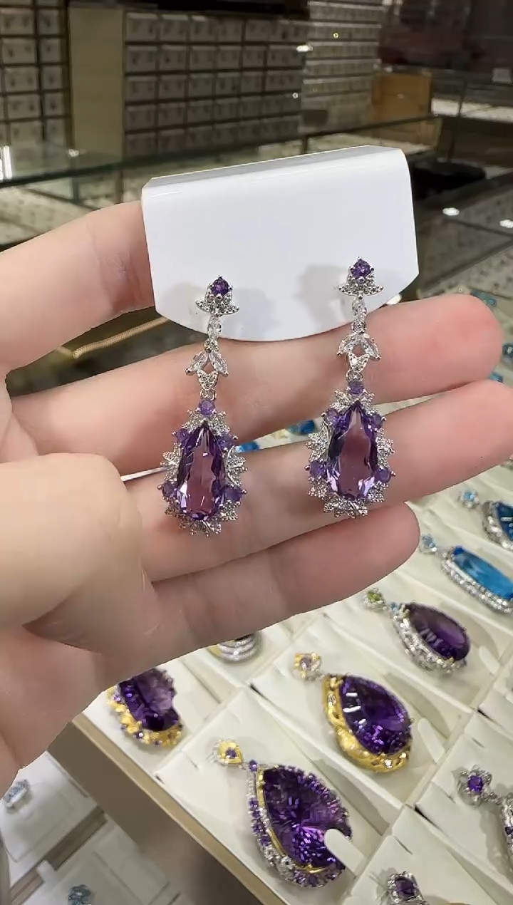 银S925镶嵌耳饰紫晶7*14mm耳坠