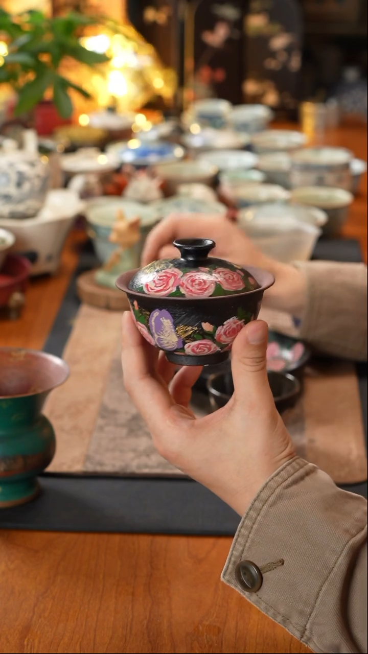 【闪购商品】山几由油画蝶恋花盖碗130cc