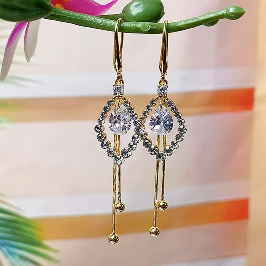 铜合金锆石耳饰 （78号）菱形长款流苏耳钩设计高端气质耳饰