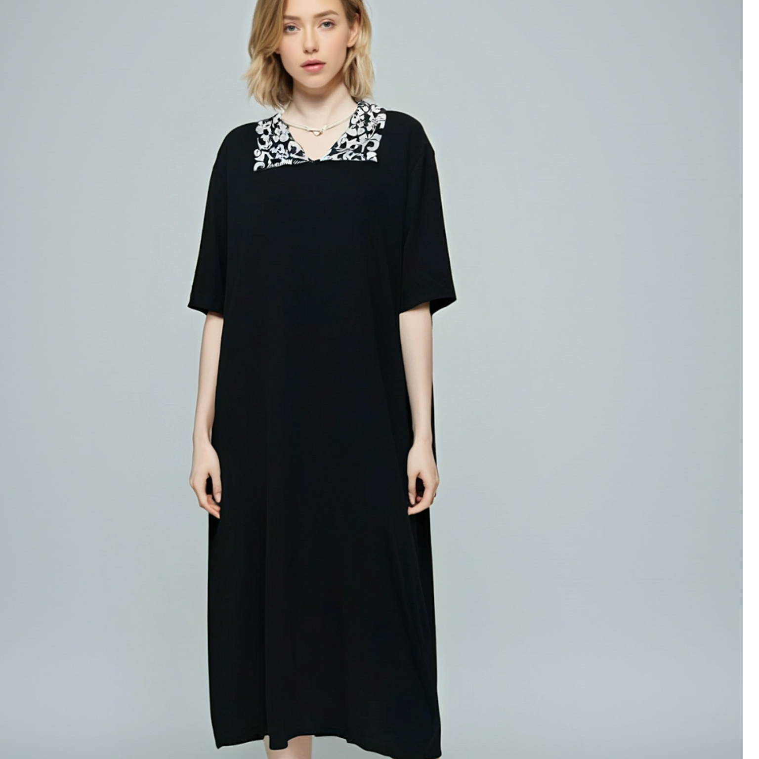 普拉那 388   夏季显瘦欧美翻领时尚简约宽松中长款连衣裙