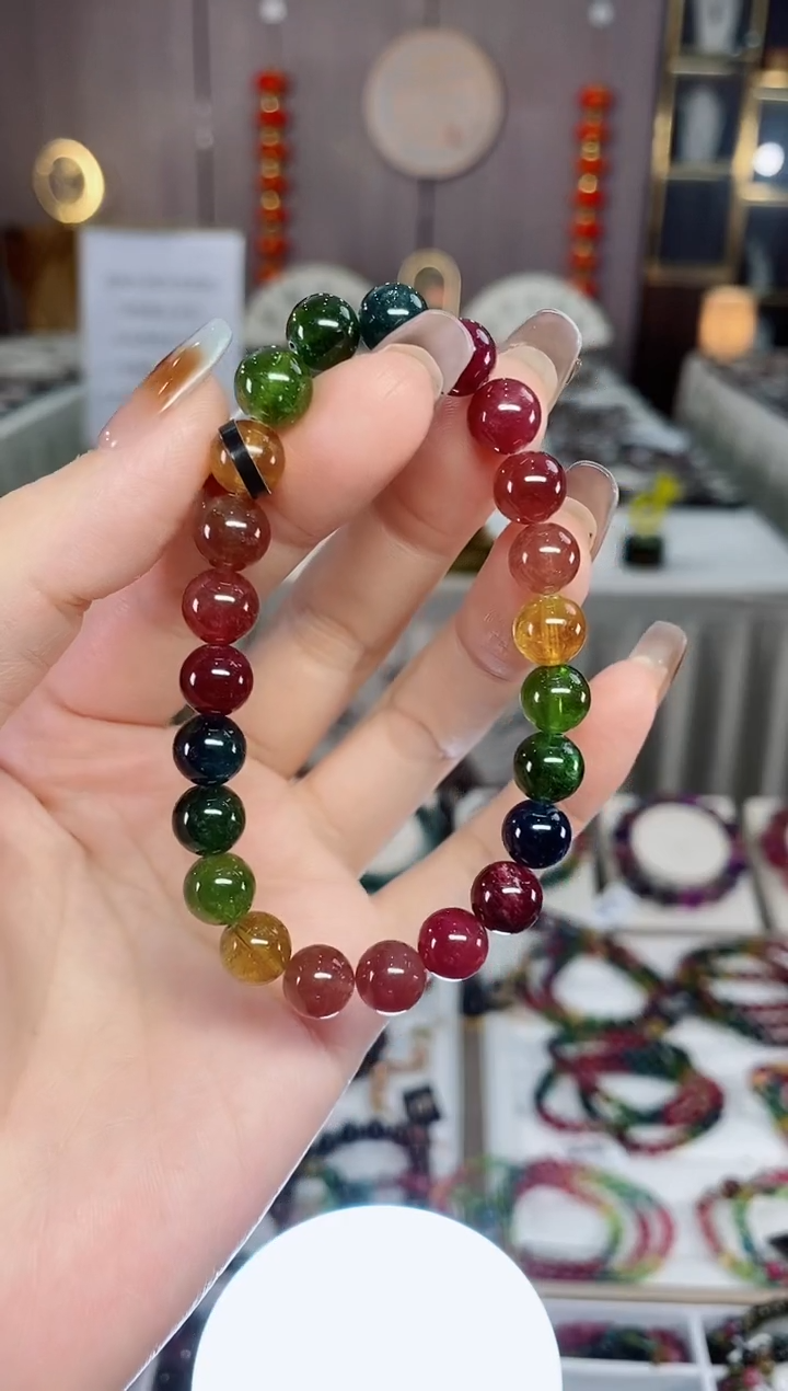 老矿碧玺色标彩虹透体单圈手串85mm+未镶嵌碧玺dan多样性发货一条