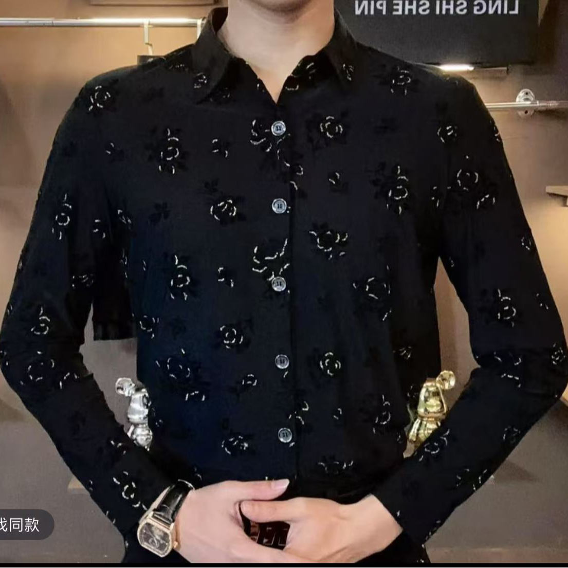 2025男士韩版春秋印花植绒男长袖衬衫帅气上衣网红休闲修身衬衣