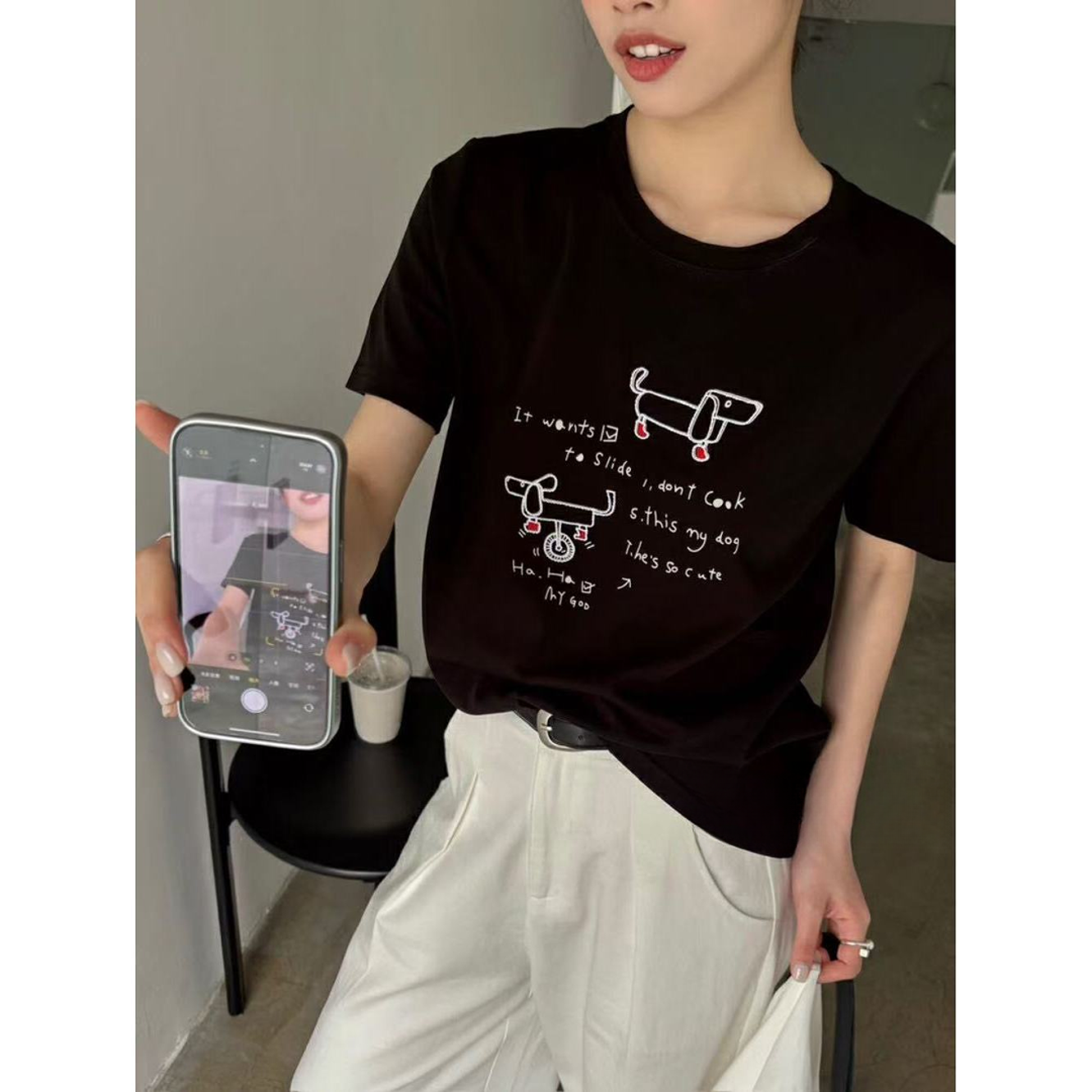 【福利】WATER-韩系圆领小狗T恤#8416