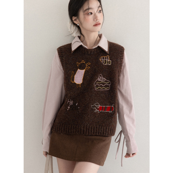 羊城故事甜美刺绣马甲女冬百搭衬衫两件套 Y51155432 Y51155430