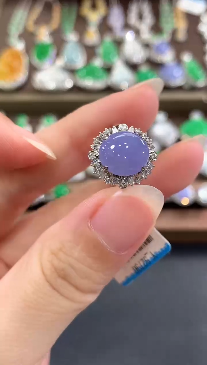 18K金镶嵌戒指翡翠b208紫货有色差